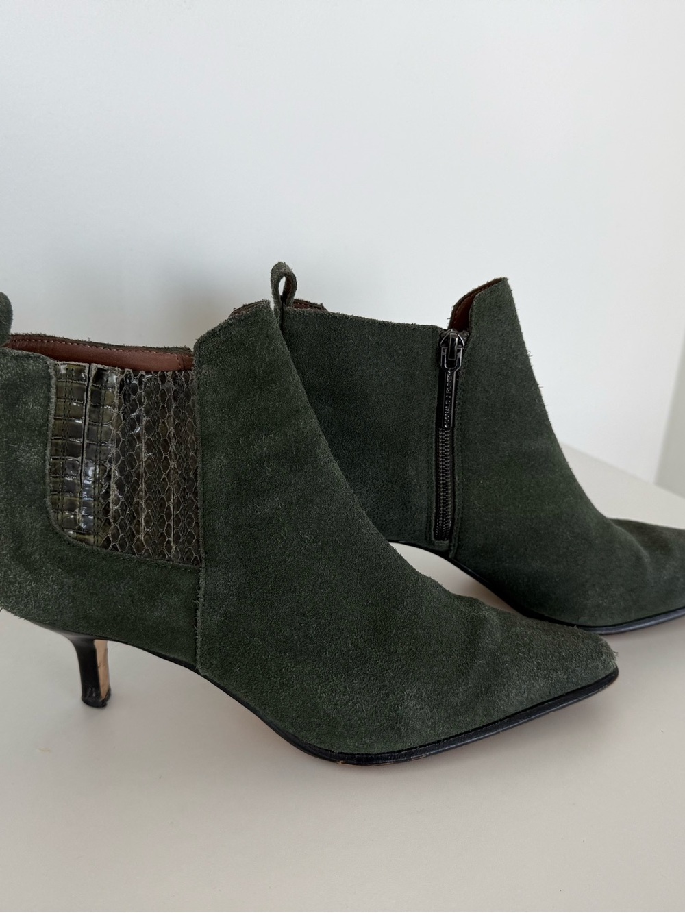 Donald J. Pliner Dark Green Suede Ankle Booties with Snakeskin Panel